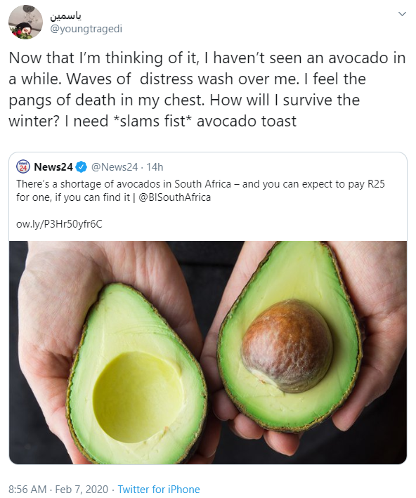 People are heading to Twitter to express their concerns regarding South Africa's shortage of avocado's.